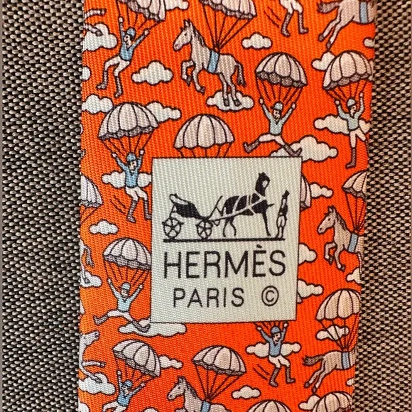 NEW Authentic Hermès Orange Paris Silk Tie Jockey Horse Clouds Print - Picture 3 of 12